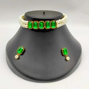 Two layer pearl and Austrian stone choker necklace with studs